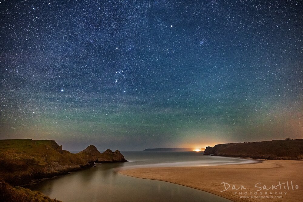 Three Cliffs Bay with Orion's Belt, Sirius and Mars